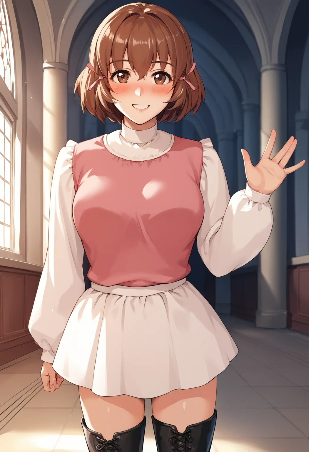 score_8_up, score_7_up, source_anime BREAK 1girl, solo, <lora:minahakuba-sh-richy-v1_pdxl:1> minahakuba, brown eyes, brown hair, short hair, hair ribbon, pink ribbon, pink shirt, white sleeves, long sleeves, white skirt, black thighhighs, white thigh boots, smile, blush, looking at viewer, indoors, castle, standing, waving, breasts
