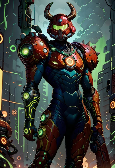 score_9, score_8_up, score_8,
Khrn, samus aran, helmet, horns, spikes, red armor, science fiction, varia suit, arm cannon, aura, glowing, green glow, neon trim, solo, cowboy shot, smog, white sky, ciy, green visor