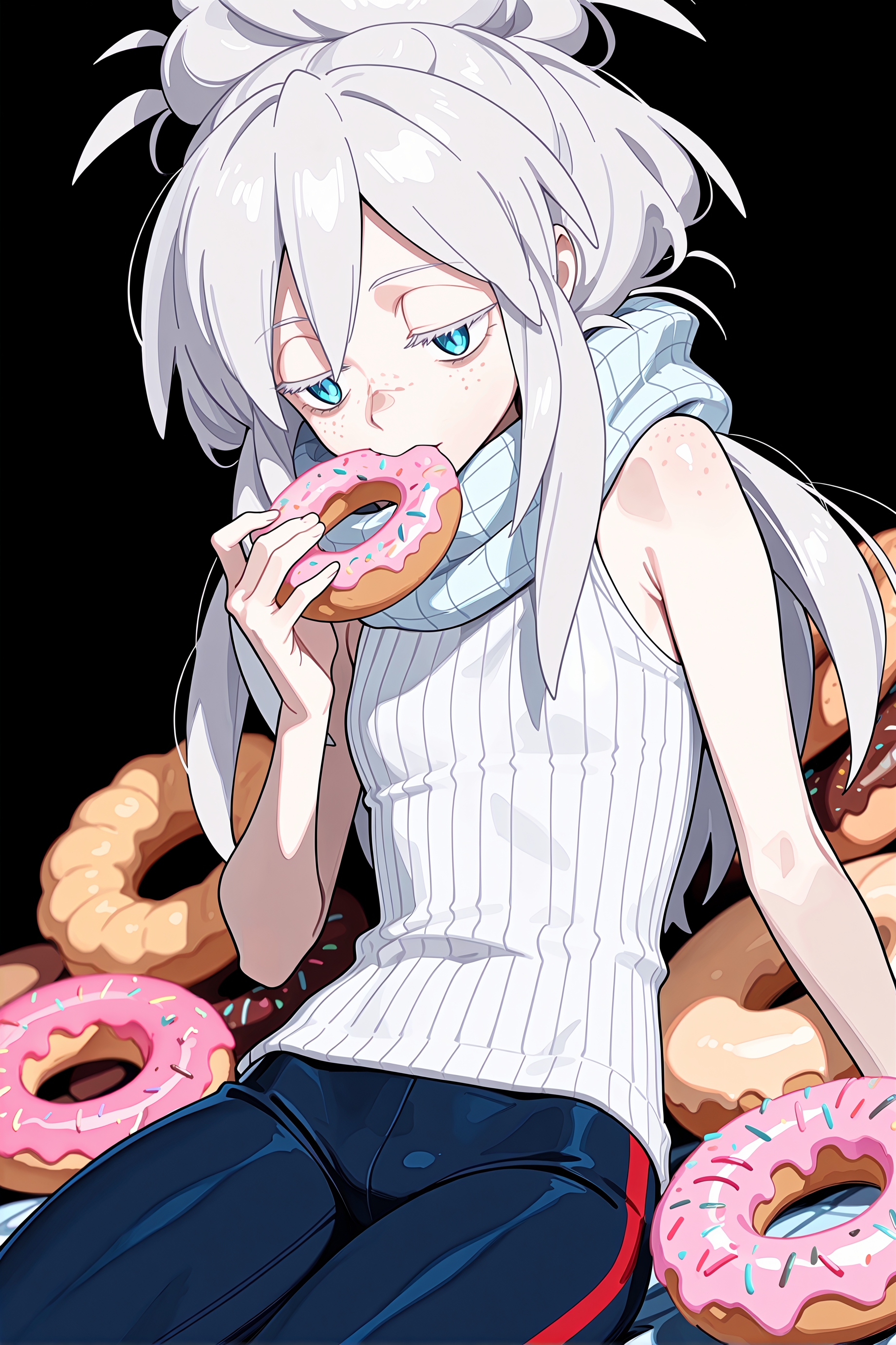 1girl, deux murasame, freckles, 
sleeveless, white ribbed sweater, tight pants, light blue scarf, 
jitome, 
sitting, eating, 
black background, doughnut, biting, food bite, 
cowboy shot, dutch angle, <lora:deuxmurasameillv3.1:0.9>,, masterpiece, best quality, amazing quality, very aesthetic, absurdres, highres, newest,<lora:xl_saturation_slider:0.1> <lora:add-detail-xl:1> <lora:illustriousXLv01_stabilizer_v1.121:0.4> <lora:reduce_wrinkles_illstriouosv0.1_ADDifT_2_in_1_v1.2:0.9>