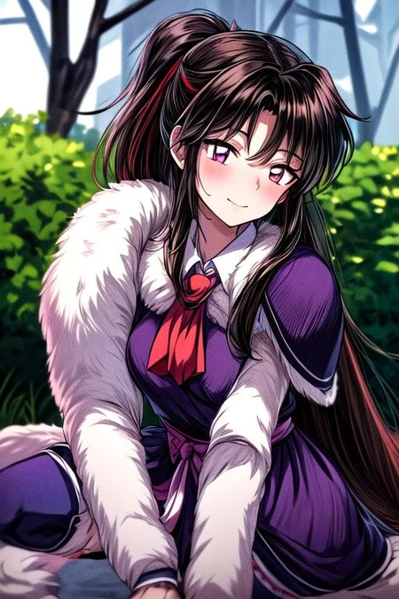 masterpiece,  best quality 1girl Setsun4 solo long hair,  (night time) forest background black hair very long hair purple eyes multicolored hair armor (fur trim) (medium body),<lora:EMS-179-EMS:0.800000>,<lora:EMS-293862-EMS:0.800000> bow, hair_bow, hair_tubes, red_bow, brown_hair, long_hair, bangs, sidelocks, ascot, brown_eyes, frilled_bow, yellow_ascot, blush, smile, hair_between_eyes, athletic