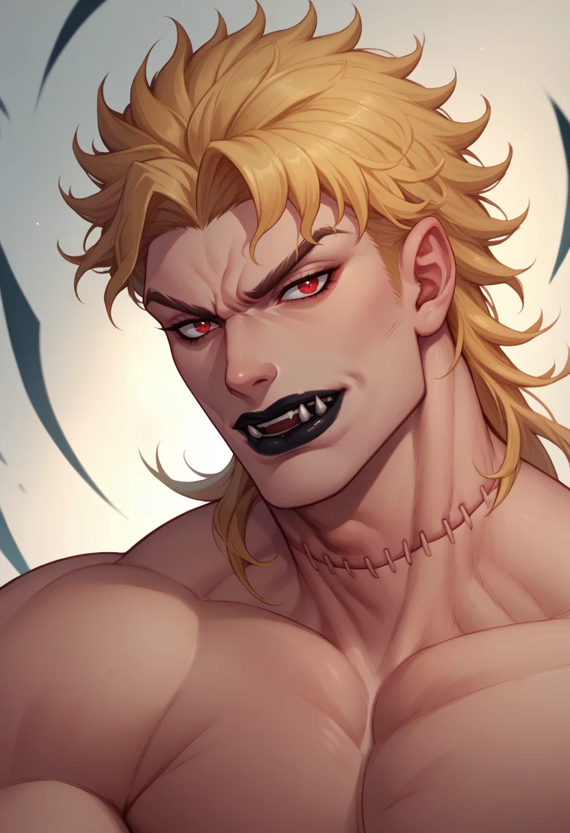 score_9, score_8_up, score_7_up, dioBrando, blonde hair, red eyes, muscular male, vampire, fangs, lipstick, black lips, stitches, scar on neck, <lora:DioBrando_pdxl_Incrs_v1:1>, topless, muscular,
