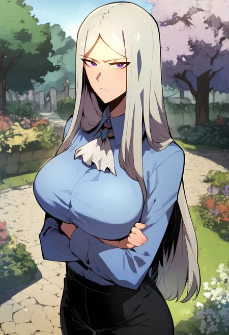 score_9, score_8_up, score_7_up, score_6_up, source_anime, rating_explicit, 1girl, solo, huge breasts,<lora:Luna Runcandel prefectPonyxl:0.9> long hair, white hair, purple eyes, grey hair, parted bangs, white ascot, jem, blue shirt, collared shirt, long sleeves, black pants, serious, garden, outdoors, looking at viewer, crossed arms, standing