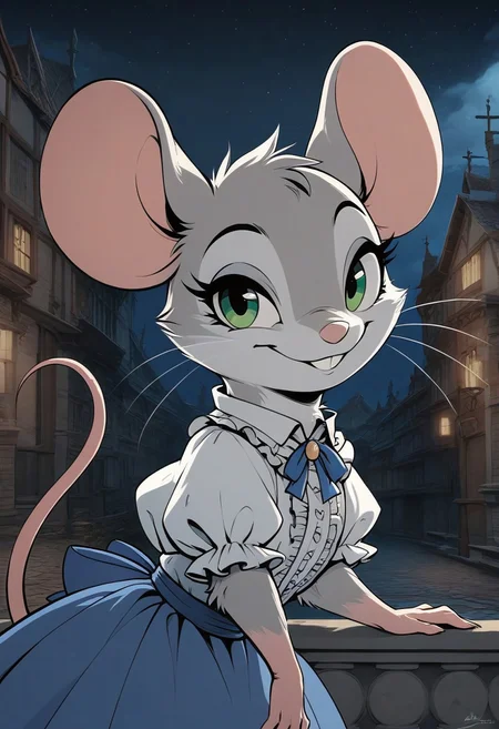 score_9, score_8_up, score_7_up, score_6_up, score_5_up, score_4_up,
[][][][][]
(((mouse))), (feral:1.5), female, solo, (fluffy:0.8), (fluffy cheeks:0.4), (cute), 
[][][][][]
(frilly shirt, blue skirt), grey fur, grey ears, brilliant green eyes, 
[][][][][]
flat color, in the style of Beatrix Potter,
[][][][][]
cel-shading, backlit, (cool color pallet), (upper body portrait, head focus:1.5), (side view), standing, look at viewer, bedroom eyes, 
[][][][][]
outdoors, standing, night sky, (sneaky smile:1.5), village,