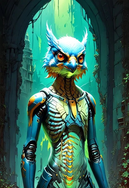 3l3m3ntp, cr1tter, detailed, transparent body, score_9, score_8_up, solo, cowboy shot, Anthropomorphic Peregrine Falcon, hybrid animal, a Humanoid Peregrine Falcon hybrid with ((the big head of a Peregrine Falcon)), ((very tall slender fit tight body)), megafeatherypony, blue feathers, realistic feathery, falcon, anthro, an enlightened birdman, werefalcon,
(futuristic night city), (green neon), brutalist architecture,
score_9, score_8, score_7, score_6, absurdres, (( visible skeleton, spine, hip_bones, ribcage, legs bones)), ((transparent seethrough skin solo, half body,
(transparent, transparent_body, transparent_skin),