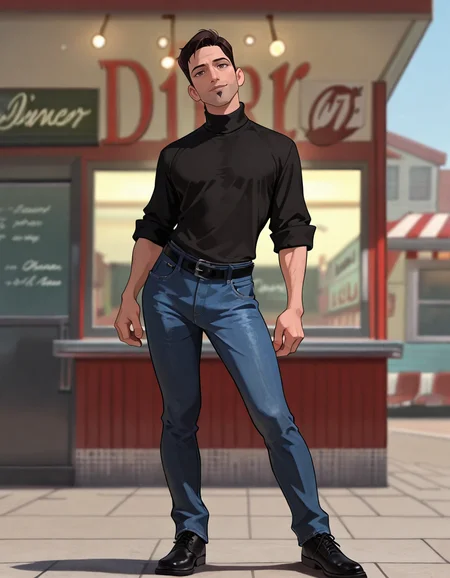 masterpiece, best quality, absurdres, newest, perfect quality, best quality, male focus, solo, 2d, cartoon, <lora:The Iron Giant - Dean McCoppin - Illustrious:0.7>, dmccoppin, 1boy, black hair, short hair, stubble, goatee, brown eyes, head tilt, looking at viewer, contrapposto, black turtleneck, sleeves rolled up, jeans, black belt, black shoes, outdoors, diner, town
