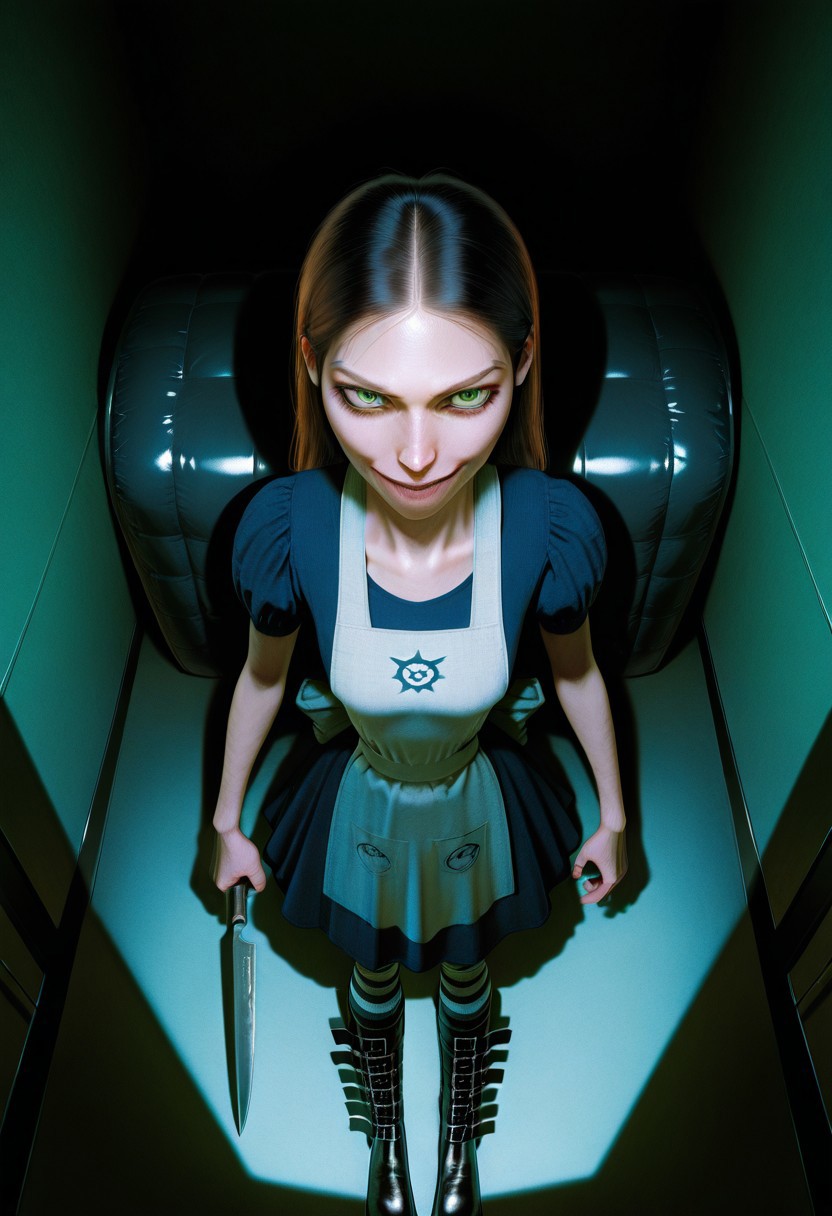 best quality, ultra detailed, high resolution, incredibly absurdres, extremely aesthetic, high resolution, realistic, masterpiece, Al1ceL1ddell, 1girl, solo, small breasts, petite, dress, apron, long hair, brown hair, green eyes, striped socks, belt boots, holding a knife, looking at viewer, creepy smile, padded cell, asylum, high angle, realistic light and shadows, volumetric lighting, global illumination, subsurface scattering and reflections, refraction,