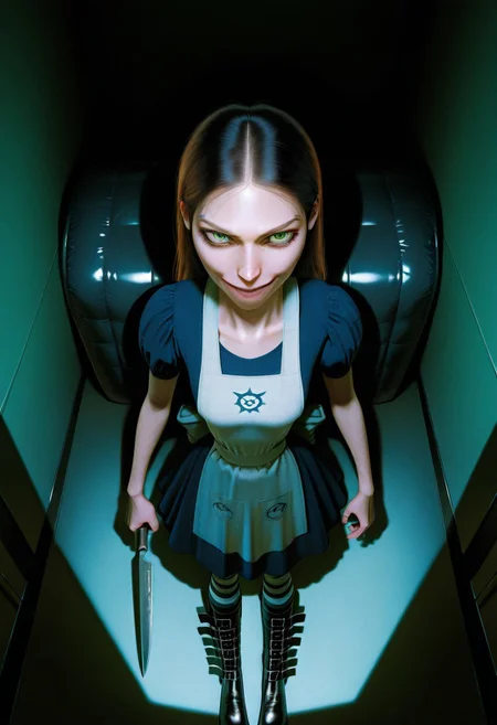 best quality, ultra detailed, high resolution, incredibly absurdres, extremely aesthetic, high resolution, realistic, masterpiece, Al1ceL1ddell, 1girl, solo, small breasts, petite, dress, apron, long hair, brown hair, green eyes, striped socks, belt boots, holding a knife, looking at viewer, creepy smile, padded cell, asylum, high angle, realistic light and shadows, volumetric lighting, global illumination, subsurface scattering and reflections, refraction,