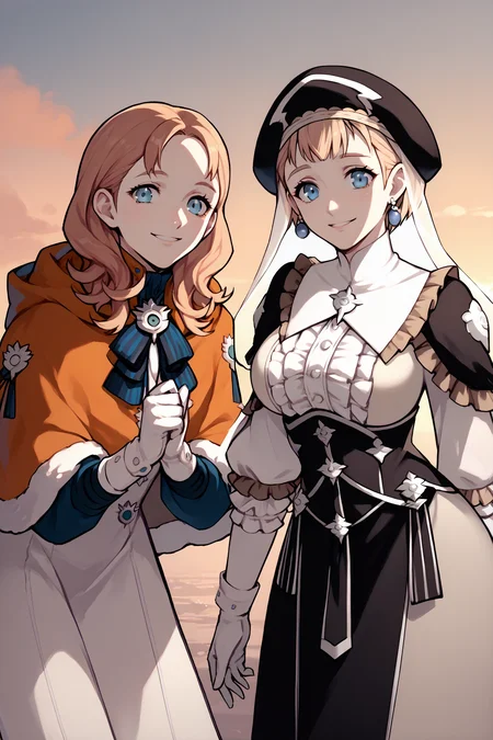 score_9, score_8_up, score_7_up, score_6_up, source_anime, two girls, looking at you, sunset BREAK 1girl, <lora:annette-pdxl-nvwls-v1-000005:1> warAnne, long hair, wavy hair, orange capelet, fur trim, blue ribbon, white dress, long dress, white gloves, smile, leaning forward BREAK 1girl <lora:mercedes-pdxl-nvwls-v1:1> warMercie, blue eyes, short hair, beret, veil, see-through, earrings, frilled dress, center frills, corset, long dress, big breasts, leaning forward, smile