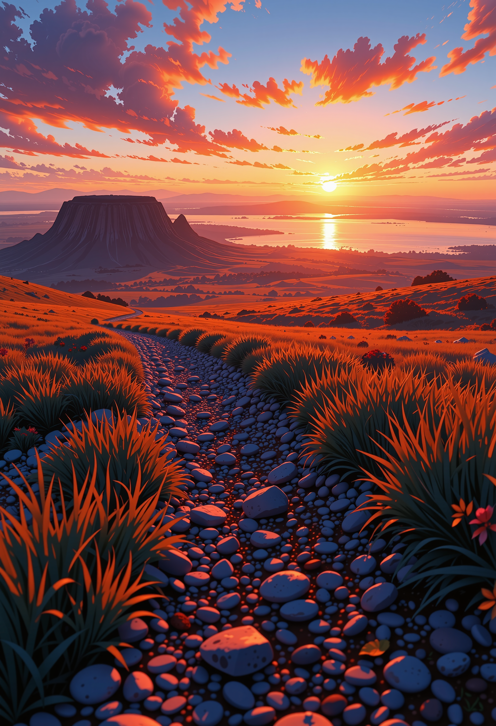 In the predawn hours, a vibrant sunrise illuminates the vast, sprawling prairie, casting a golden glow that dances across the landscape. the scene unfolds with a dramatic interplay of light and shadow. The horizon is a blazing tapestry of fiery reds, oranges, and yellows, set against the deep, cool tones of the night sky, which remains a haunting expanse of black and blue. The mist rising from the prairie adds an ethereal, almost magical quality to the scene, creating a delicate veil that softens the contours of the land. The focal shadow, cast by the plateau, cuts a sharp, diagonal line across the composition, enhancing the sense of depth and mystery. The gravel and scattered rocks, partially covered by tufts of golden grass, form a textured foreground, adding a sense of rough, natural beauty to the otherwise serene landscape. subtle luminous energy effects pepper the scene, casting dynamic highlights that interact with the mist and the shadows. The gravel, with its polished, smooth texture, glistens under the ethereal glow as it (curves away) into the lower left third of the scene, while the grass sways gently in the early morning breeze, creating a sense of movement and vitality. The high-contrast color palette, with its bold and vibrant hues, brings the scene to life, creating a powerful and otherworldly atmosphere. Every element, from the fiery sunrise to the dark, shadow-drenched areas, is meticulously detailed, with fine gradients and intricate textures that enhance the overall intensity and dynamic range. The result is a captivating and energetic landscape that feels both familiar and profoundly mystical, a testament to the beauty and power of nature., ultra-detailed, hyper-detailed, ambient lighting, volumetric lighting, (masterpiece), (Amazing quality), (phenomenal aesthetic), cinematic moment, 8K<lora:FLUX_Ghibsky_Illustrations.safetensors:0.8:1.0>