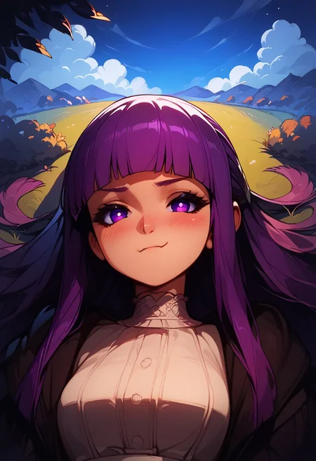 score_9, score_8_up, score_8, medium breasts, (curvy), cute, eyelashes, score_9, score_8_up, score_7_up, source_anime, 1girl, fern \(sousou no frieren\), large breasts, long hair, purple hair, blunt bangs, half updo, purple eyes, open robe, long dress, pout, puffy cheeks, looking at viewer, serious, blush, upper body, outdoors, laying down, smile, blush,
night sky,