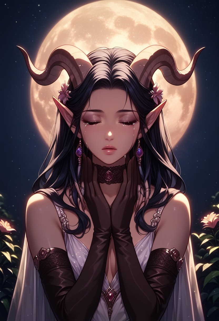 masterpiece,best quality, highly detailed, score_9, score_8_up, score_7_up, score_6_up,source_anime, quality hands, five fingers, perfect hands, big balcony, full moon, the masquerade ball is at the bottom, she holds a mask in her hand, (warm soft lighting, perfect reflection, perfect lighting, perfect shadows), 
BREAK
1futa, futav4, solo, tears, she cry, clutches the flower to her chest, eyes are closed, sad face, eyes contact, (long black hair), beautiful evening dress, beautiful  choker, elbow gloves, stockings, horns, pointy ears,