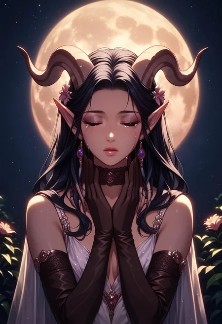 masterpiece,best quality, highly detailed, score_9, score_8_up, score_7_up, score_6_up,source_anime, quality hands, five fingers, perfect hands, big balcony, full moon, the masquerade ball is at the bottom, she holds a mask in her hand, (warm soft lighting, perfect reflection, perfect lighting, perfect shadows), 
BREAK
1futa, futav4, solo, tears, she cry, clutches the flower to her chest, eyes are closed, sad face, eyes contact, (long black hair), beautiful evening dress, beautiful  choker, elbow gloves, stockings, horns, pointy ears,