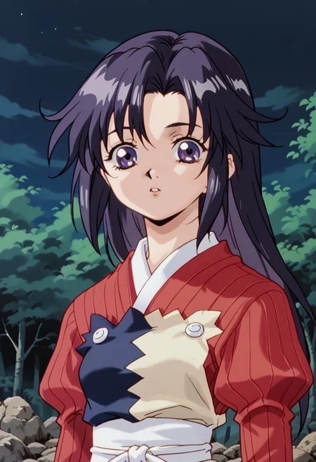 score_8, score_8_up, score_7_up, AWGXS, anime screenshot, retro artstyle,1990s (style), cel animation BREAK 1girl, female focus, solo, Claret_SN, black hair, purple eyes, parted bangs, asymmetrical bangs, long hair, ribbed shirt, red shirt, apron, obi, sash, juliet sleeves, long sleeves, upper body, looking at viewer, shock, horror, single tear, wasteland, grey ground, rock, bare tree, night, darkness, dark