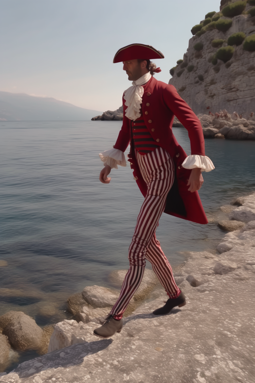 <lora:Director Yorgos Lanthimos style:1>Director Yorgos Lanthimos style - Limber and agile Neapolitan baroque commedia dell'arte  performer walking across an isolated rocky mediterranean shore; charming, in his mid 30s; 18th century outfit; wearing a dark-red and black harlequin patterned jumpsuit with a Justacorps; 8k resolution, cinematic, uhd;