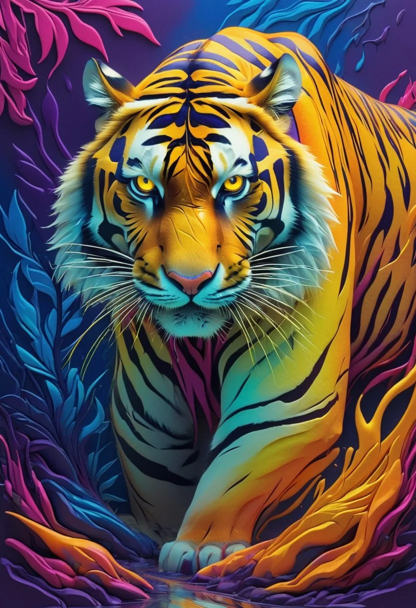 Colorful Nature Print of a Tiger, Abstract with Satin Sheen, Bright Gradients of Fiery Orange, Deep Purple, and Electric Blue, Touches of Neon Yellow and Magenta, Reflective Glossy Effect, Energetic Jungle Vibe
