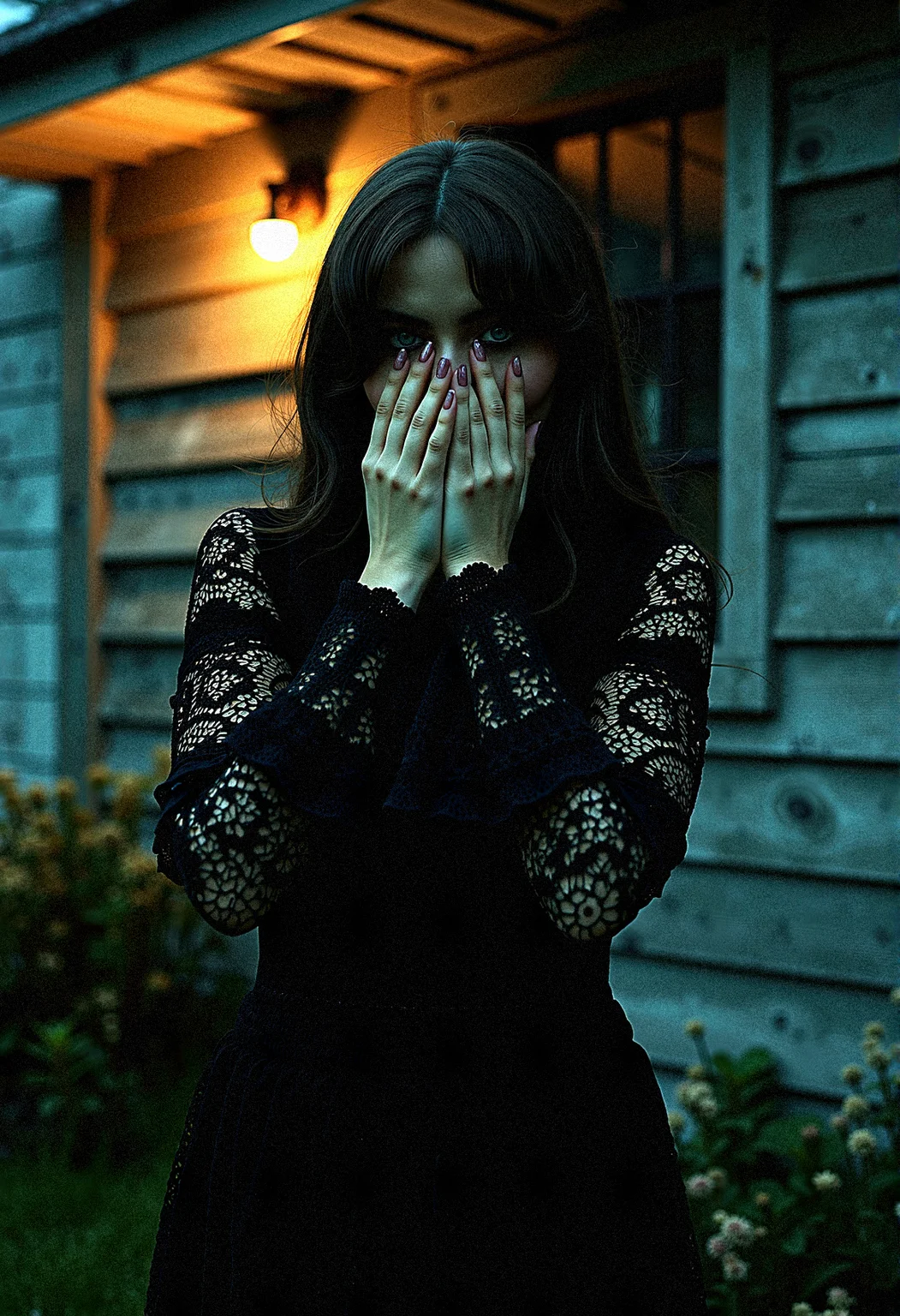 
Extremely photorealistic photography of A Gothic woman sabcarp with dark tones and intricate details, dressed in a bohemian crochet dress with voluminous bell sleeves. The outside rustic wooden house setting is illuminated by dramatic, high-contrast lighting, creating a moody, mysterious atmosphere. Black flowers and wilted blooms add to the textured, haunting beauty of the scene.

Incorporate subtle rain effects with droplets and reflections for a more dynamic scene.Simulate wet surfaces and textures added realism, especially under streetlights.Place puddles with subtle ripples to interact with the environment and lighting.Utilize skin translucency to capture the light passing through thin skin areas like ears and nostrils.Use advanced shaders to create realistic surface interactions, especially for metallic and fabric surfaces.Add detailed textures to the ground, including cracks, dirt, and subtle reflections.Enhance background elements with more detail, such as distant buildings, street signs, and textures.Introduce subtle wind effects that influence hair, clothing, and nearby environmental elements.Use advanced color mapping to ensure skin tones are natural and varied, with subtle variations.

She raises her hands in front of her face, as if hiding or shielding herself from something.




