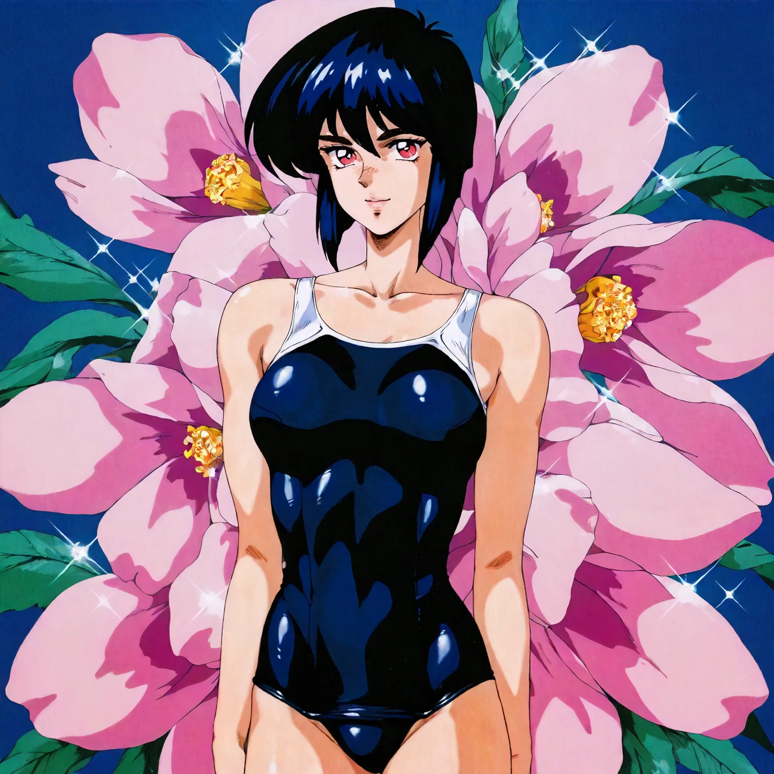 <lora:GiTS_kusanagi_motokoXLIllustrious001>,
masterpiece,best quality,good quality,newest,
flower background,glitter,
smile,
looking at viewer,
solo,
retro artstyle,1980s \(style\),
kusanagi_motoko\(ghost_in_the_shell\),1girl,black blue hair,short hair,black brown eyes,pink lips,
cowboy shot,standing,
school_swimsuit,black swimsuit,