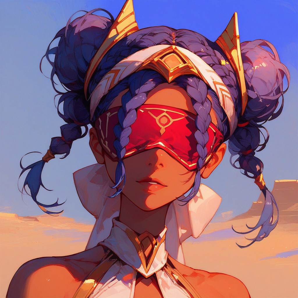 score_9, score_8_up, score_7_up, score_6_up, 1 girl, solo, dark-skinned female, desert, braid, yellow eyes, double bun, outdoors, blue background, eye mask, blindfold, thighhighs