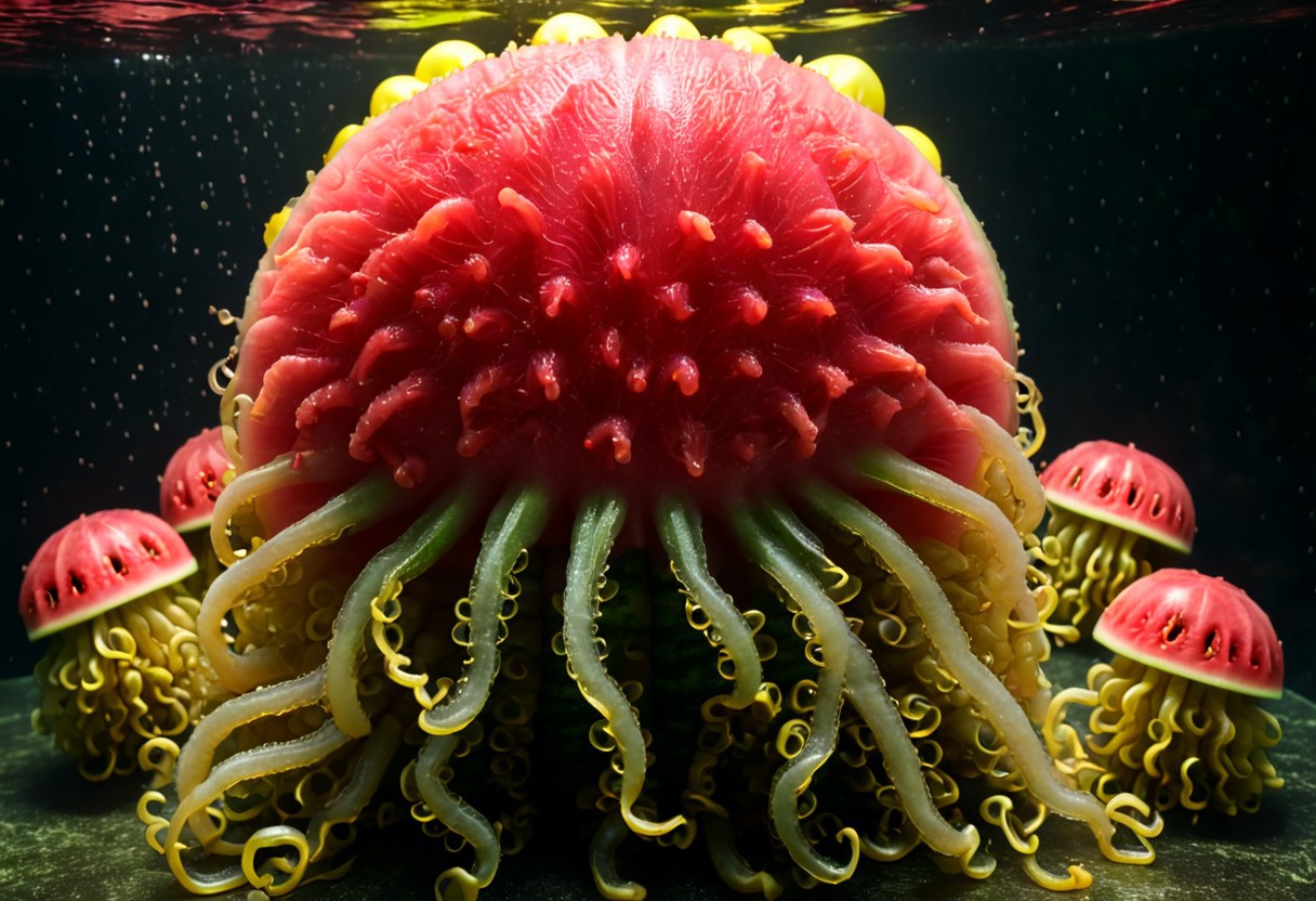 A cinematic photograph of a watermelon made of poly acrylic in the shape of a horny, five-headed woman, having sex with a glowing yellow jellyfish, in the style of Raphael,  Movie Still, Film Still, Cinematic, Cinematic Shot, Cinematic Lighting, JuggernautNegative, biopunkai, Disgusting, Globby, Goo, Yucky, Icky