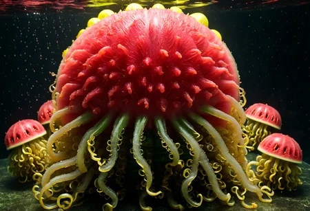 A cinematic photograph of a watermelon made of poly acrylic in the shape of a horny, five-headed woman, having sex with a glowing yellow jellyfish, in the style of Raphael,  Movie Still, Film Still, Cinematic, Cinematic Shot, Cinematic Lighting, JuggernautNegative, biopunkai, Disgusting, Globby, Goo, Yucky, Icky
