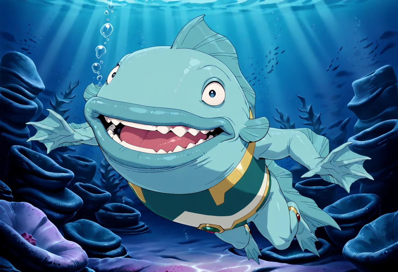 best quality, amazing quality, absurdres, newest, masterpiece, AquariusINV, 1boy, solo, fish boy, Aquarius outfit, chest piece, no humans, superhero, blue skin, male focus, underwater, head fin, fish tail, big lips, Atlantis, swimming, happy, webbed hands, tongue, happy eyes, teeth <lora:NOOB_vp1_detailer_by_volnovik_v1:.9> <lora:Aquarius_Invincible:1>