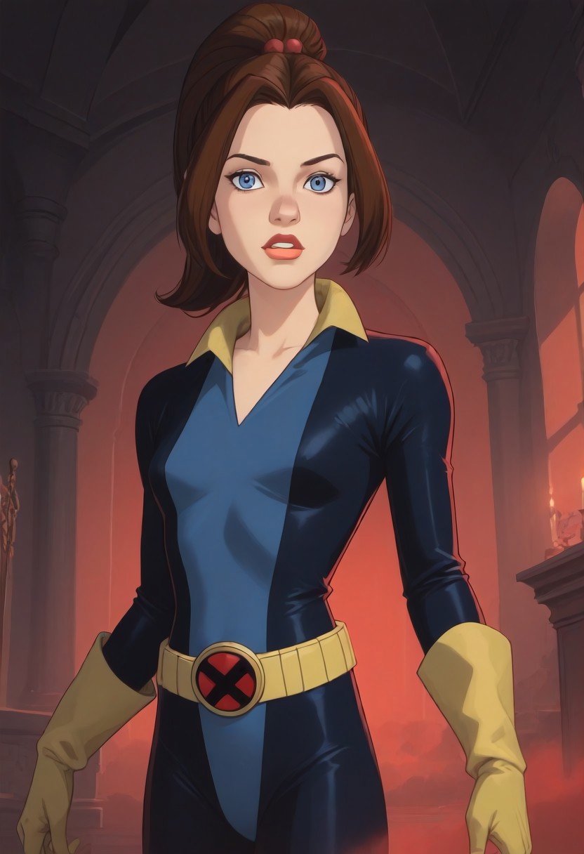 score_9, score_8_up, score_7_up, cartoon of ktprd, 1girl, brown hair, high ponytail, blue eyes, orange lips, black-blue hero bodysuit, yellow belt, yellow gloves, cowboy shot, face focus, parted lips, petite, indoors, castle, red fog, haze, floating ashes, evil ambience, front lighting, unique angle, unique framing, looking at viewer, parted lips, ((masterpiece))