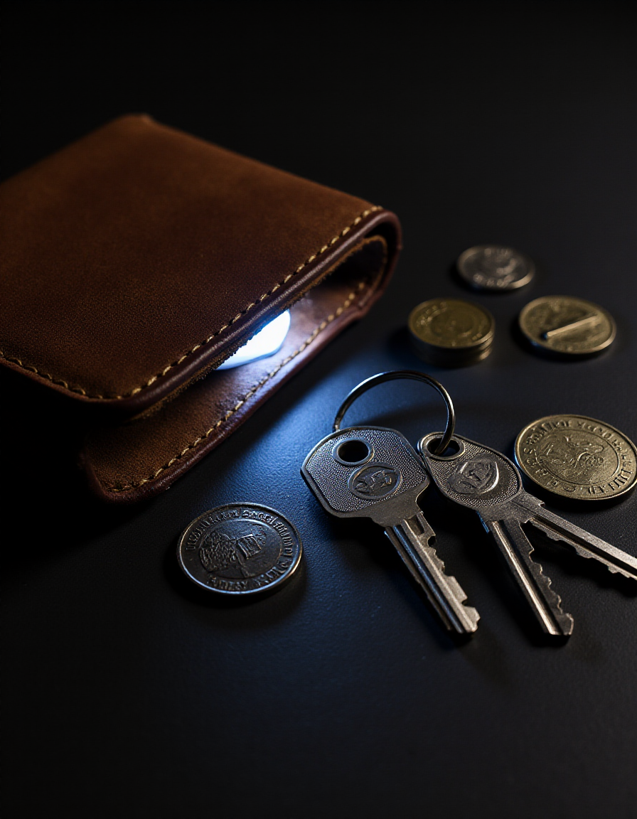 A photo of a worn leather wallet, with a set of keys and coins scattered across its surface. There is a strange LED glow coming from inside the wallet., <lora:amateurphoto-v5-14-15-1-1:0.4> <lora:Another_Amateur_Lora:0.4> <lora:Phlux:0.4> <lora:UltraRealistic_Lora_Project:0.4>
