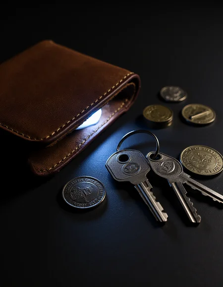 A photo of a worn leather wallet, with a set of keys and coins scattered across its surface. There is a strange LED glow coming from inside the wallet., <lora:amateurphoto-v5-14-15-1-1:0.4> <lora:Another_Amateur_Lora:0.4> <lora:Phlux:0.4> <lora:UltraRealistic_Lora_Project:0.4>