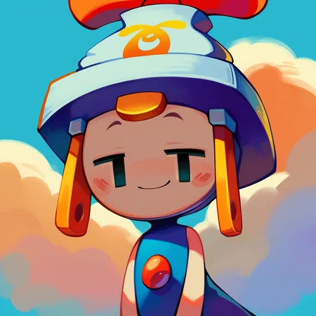 zPDXL2, score_9_up, score_8_up, score_7_up, 2d, rating_safe, blue background, clouds, <lora:PDXL_Connie_ML:1>, 1girl, solo, connie_\(m&l\), grey skin, simple eyes, empty eyes, plug, socket, blue dress, bare shoulders, (narrowed eyes, smug, blush), looking at viewer, portrait, close up, face focus, smile,