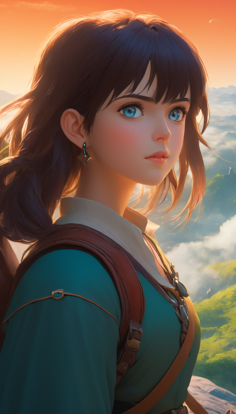 Female adventurer,  fantasy world, cinematic scene, hero view, extremely beautiful piercing eyes, scenery, detailed background, masterpiece, best quality, high quality, highres, absurdres, very detailed, high resolution, sharp, sharp image, 8k, vivid, colorful, Studio Ghibli <lora:studio_ghibli_xl_v2:1>