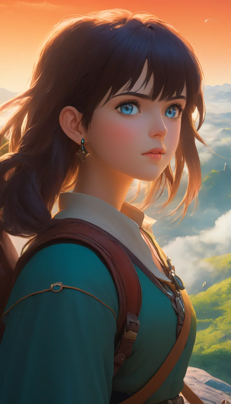 Female adventurer, fantasy world, cinematic scene, hero view, extremely beautiful piercing eyes, scenery, detailed background, masterpiece, best quality, high quality, highres, absurdres, very detailed, high resolution, sharp, sharp image, 8k, vivid, colorful, Studio Ghibli <lora:studio_ghibli_xl_v2:1>
