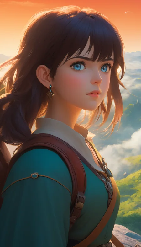 Female adventurer,  fantasy world, cinematic scene, hero view, extremely beautiful piercing eyes, scenery, detailed background, masterpiece, best quality, high quality, highres, absurdres, very detailed, high resolution, sharp, sharp image, 8k, vivid, colorful, Studio Ghibli <lora:studio_ghibli_xl_v2:1>