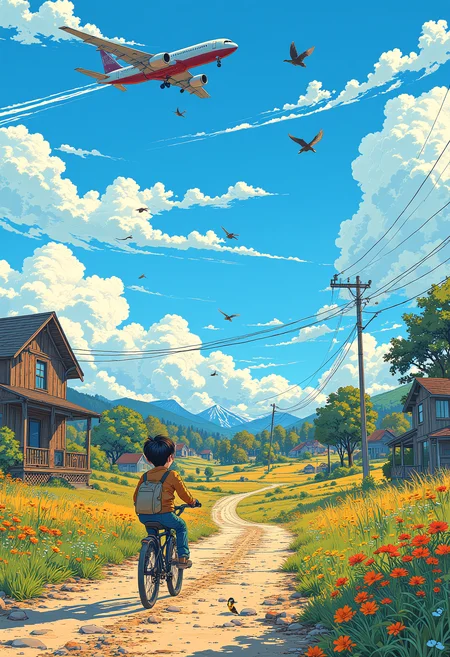 A kid riding a bike at high sped through an old country village, on the side of the dirt road is Duck and her little ducklings, butterflies flutter over colorful flowers, birds soar up in the deep blue sky among the soft fluffy clouds, A commercial airplane flies high with a trail of a short contrail