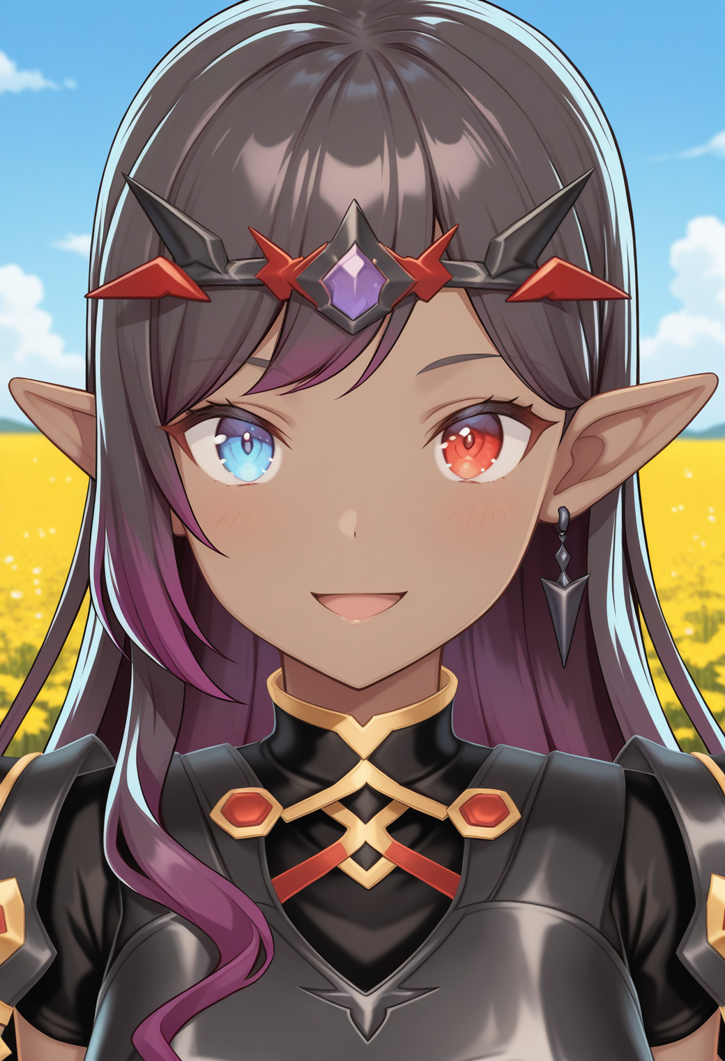 bg_ladoria, dark-skinned female, dark skin, dark elf, pointy ears, heterochromia, red eyes, blue eyes, multicolored hair, two-tone hair, black hair, purple hair, long hair, tiara, earrings, jewelry, fingerless gloves, armor, <lora:BG_ladoria_illustrious_ver1:0.8> 
small breasts, smile,, 1girl, solo, (field:1.2), (blue sky:1.2), looking at viewer,, (upper body:1.2), (close-up:1.2), (facing viewer:1.2), (open eyes:1.4), (portrait:1.2), masterpiece, best quality, general,