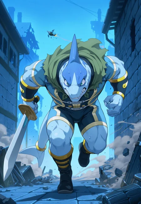 masterpiece, best quality, amazing quality, 1boy, solo, furry male, araba, shark boy, muscular male, bodysuit, boots, cape, running, sweat, chased, holding sword, smoke, chaos, smoke, dust particles, debris, broken barrel, clenched teeth, destroyed building, bricks flying, outdoors, blue theme
