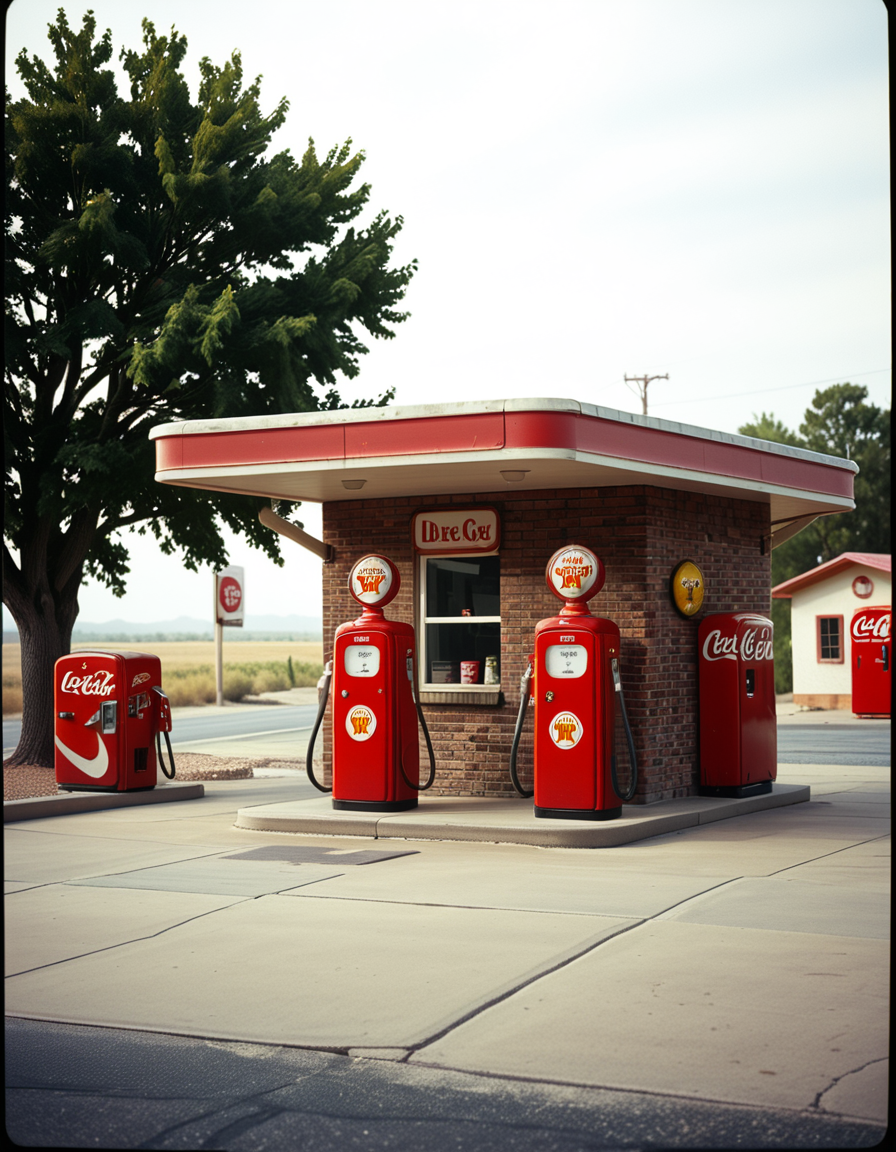A realistic vintage photograph of a 1950s American gas station with no people present. The small brick building has a flat roof with a wide canopy extending over two classic red gas pumps from the 1950s, featuring chrome details, round meters, spiral hoses, and retro branding like "Texaco" or "Shell".The ground is old concrete with cracks and oil stains. Beside the station, there's a vintage Coca-Cola vending machine and a hand-painted wall sign that reads âDrive Safely!â. The sky is lightly overcast, casting soft shadows and a nostalgic mood. In the background, leafy trees, distant low hills, and an empty country road stretch into the distance. The photo has a slightly faded, desaturated color palette with warm vintage tones and a subtle grain, mimicking the look of 1950s Kodak film photography. The overall atmosphere is calm, quiet, and deeply nostalgic.
<lora:SDXLFaeTastic2400:0.4> <lora:extremely_detailed:0.4> extremely detailed, <lora:1950s_American_gas_st4t10n:1>,1950s American gas st4t10n, Masterpiece,best quality,hi res,8k,hi res,8k,award winning,(sharp focus, intricate, highly detailed),