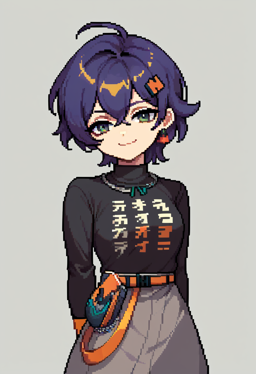 score_9, score_8_up, score_7_up, source_anime, pixel art, 1girl, belle, medium breasts, black shirt, long sleeves, orange gloves, fingerless gloves, gray skirt, belt, hair ornament, jewelry, facing viewer, expressionless, smug, arm behind back, head tilt, portrait, upper body, <lora:belle_ZZZ-08:1>, <lora:Pixel_Art_Pony-10:1>