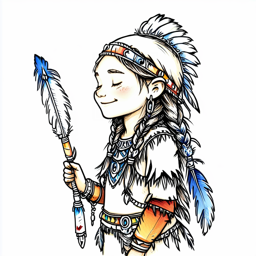 ArsMJStyle, Whimsical Mechanica, Line Drawing, The image is a black and white illustration of a young girl with long hair. She is wearing a traditional Native American outfit with a headdress and a feather quill pen in her right hand. The headdress is made up of various items such as beads chains and feathers. The girl has a peaceful expression on her face and is looking off to the side. She appears to be in a contemplative pose. The overall style of the illustration is whimsical and dreamlike., 1girl, solo, braid, closed eyes, smile, quiver, weapon, long hair, jewelry, arrow (projectile)  <lora:Whimsical_Mechanica_Line_DrawingSDXL:1>