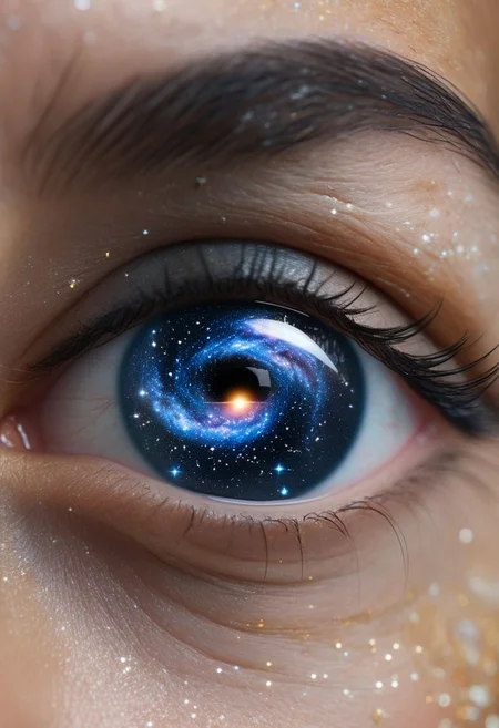 close-up of a female eye with the image of the milky way, constellations,