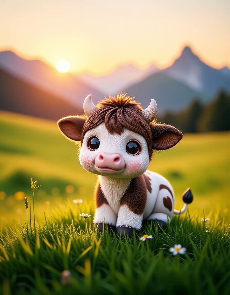 zhibi, chibi, small cow, small cow, chibi cow, cute, on a farm, eating grass, in the alps, sun going down on the horizont <lora:zhibi_flux:1>