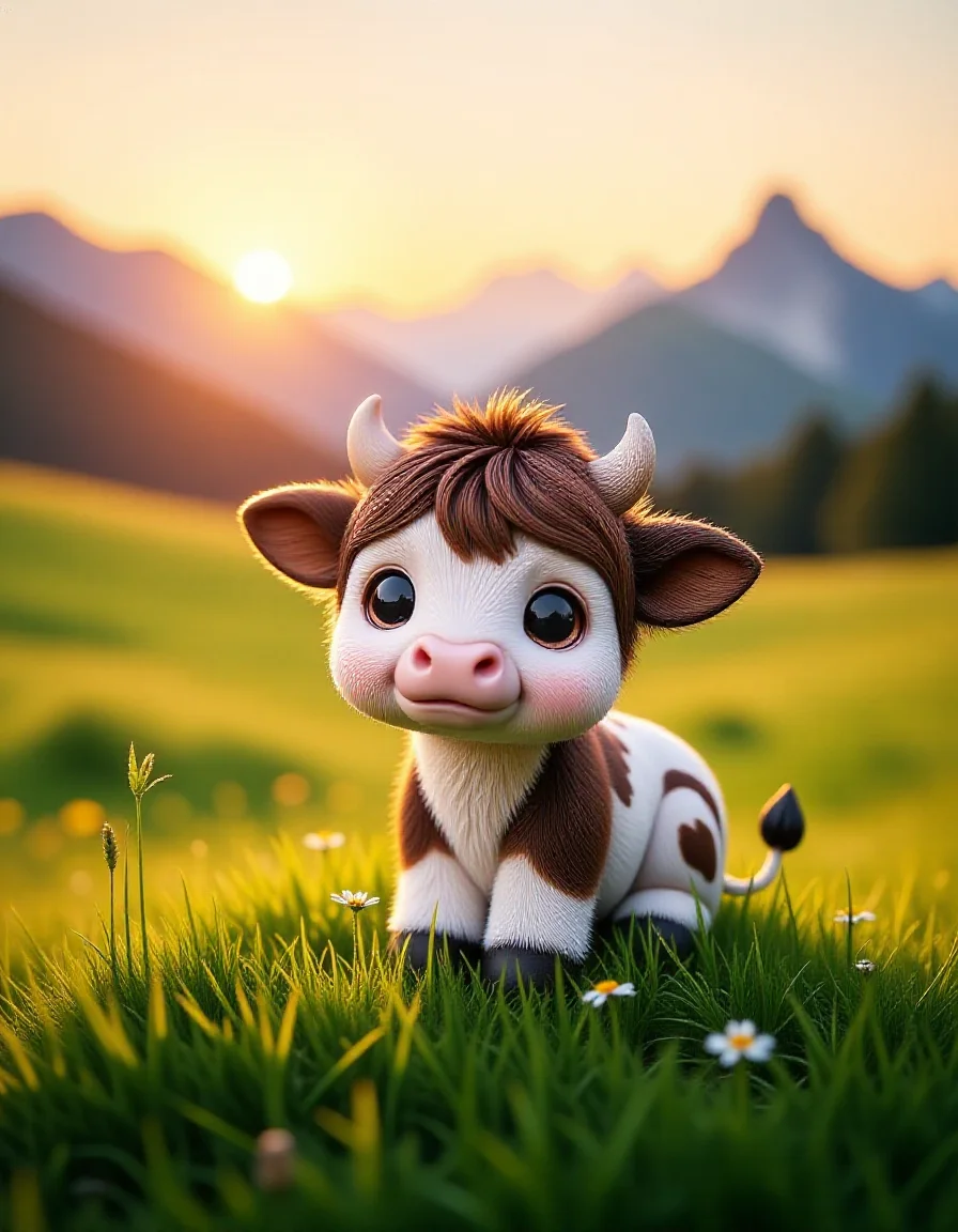 zhibi, chibi, small cow, small cow, chibi cow, cute, on a farm, eating grass, in the alps, sun going down on the horizont <lora:zhibi_flux:1>