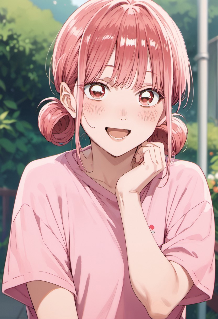 score_9, score_8_up, score_7_up, source_anime, chono hina, pink hair, pink eyes, hair bun, 1girl, solo, open mouth, looking at viewer, smile, double bun, pink shirt, shirt, blush, outdoors