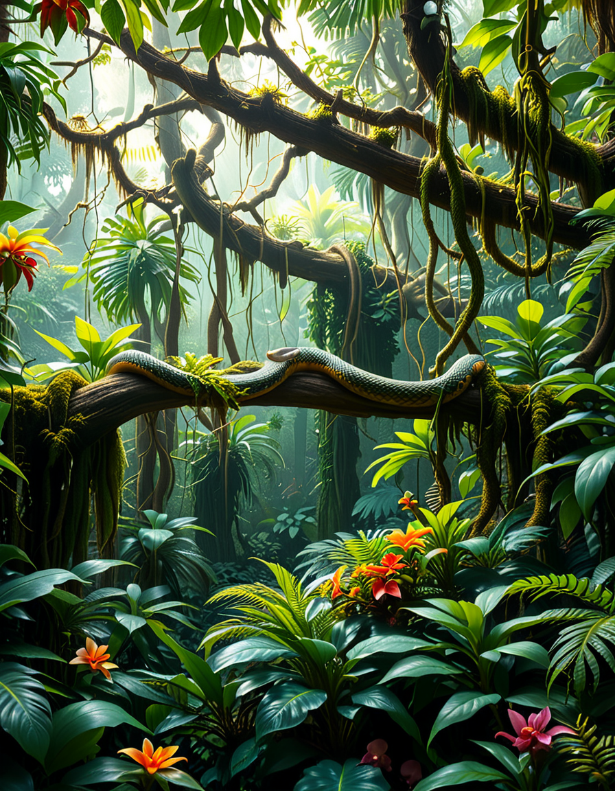 A dense and vibrant jungle,jungl3, captured in a realistic photographic style, with lush green foliage of various tropical plants, tall trees covered in moss and vines, and sunlight filtering softly through the canopy above. The atmosphere feels humid and alive, with small details such as ferns, orchids, and a scattering of tropical flowers in shades of red, yellow, and purple. A narrow, winding dirt path cuts through the undergrowth, partially hidden by fallen leaves and roots. The scene feels immersive and serene, with subtle mist lingering in the distance, enhancing the sense of depth and mystery. The overall lighting is natural, with dappled sunlight creating dynamic shadows on the ground and the surrounding plants.
<lora:jungl3:1><lora:SDXLFaeTastic2400:0.4> <lora:extremely_detailed:0.4> extremely detailed, Masterpiece,best quality,hi res,8k,hi res,8k,award winning,(sharp focus, intricate, highly detailed),