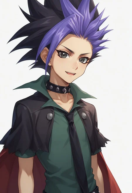 score_9, score_8_up, score_7_up, source_anime, highly detailed,
yuto, 1boy, male focus, solo, black hair, spiked hair, multicolored hair, shirt, looking at viewer, black eyes, purple hair, collar, dyed bangs,
black hair, two-tone hair, choker, bangs, thorn clothes,
outdoor, white background, gentle smile, open mouth,