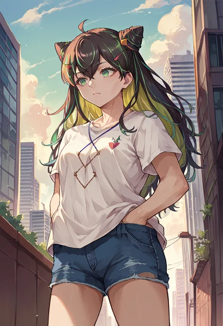 score_9, score_8_up, source_anime, 1girl, solo, Hachidori, multicolored hair, long hair, cone hair bun, ahoge, hair ornament, t-shirt, denim shorts, standing, outdoors, city, hands in pockets, <lora:ChamHachidoriPonyXL:1>