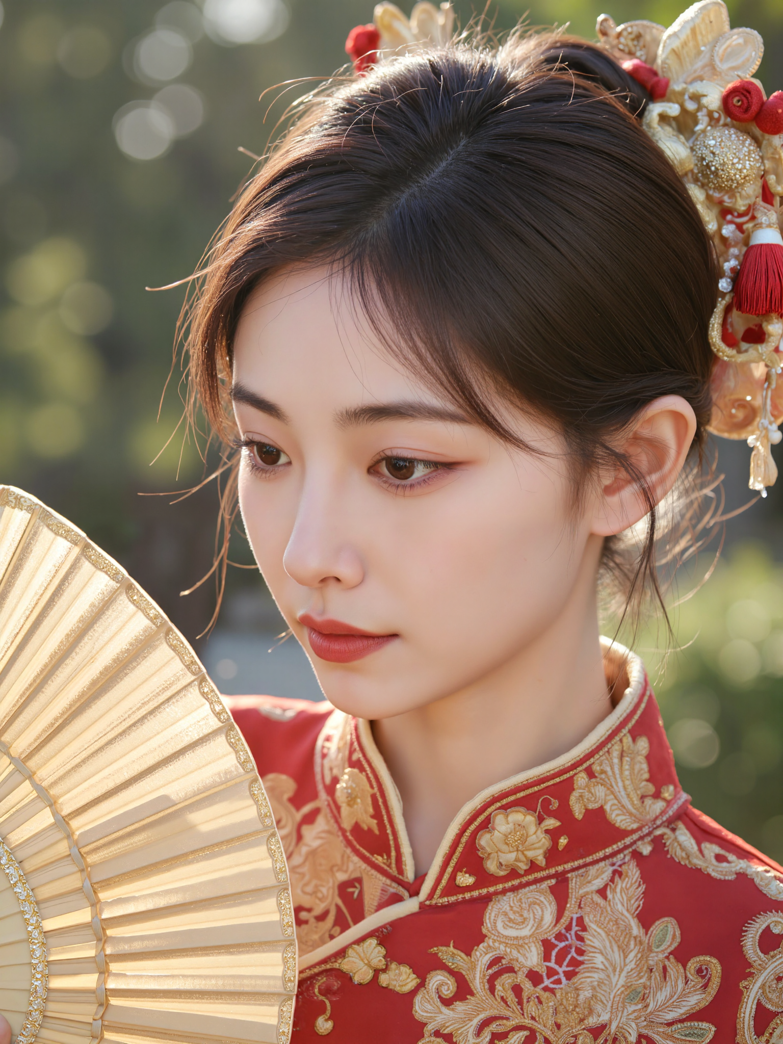 This is a high-resolution photograph featuring a young Asian woman with fair skin and delicate features. She has a slender build and is dressed in an elaborate, traditional Chinese outfit adorned with intricate gold and red embroidery. Her hair is styled in an elegant updo, with ornate hair accessories that include red and gold floral elements. She holds a golden fan in her right hand, which is partially visible. The background is softly blurred, suggesting a natural outdoor setting with hints of greenery and sunlight filtering through. The lighting is soft and natural, highlighting her serene expression and the textures of her attire. The image uses a shallow depth of field, focusing on the woman's face and upper body, with the background out of focus. The composition follows the rule of thirds, placing the woman's face and upper body along the intersecting lines, drawing attention to her tranquil gaze and the intricate details of her outfit.