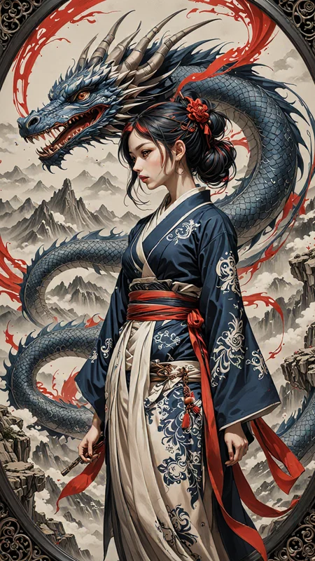 (ULTIMATE Japanese style, INK WASH). on parchment, Black and White, dragon girl, mountains, (japanese Writing in Red and Blue), trending on ArtStation , intricate details, masterpiece, best quality, (Use Dream Diffusion Secret Prompt), (Epic), <lora:3D_Framed_Wall_Art_-_By_DICE:0.6>, (Framed Dragon), UHD
