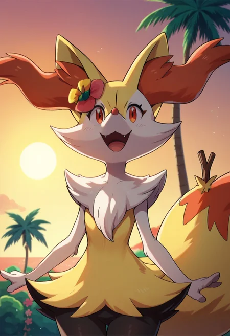 score_9, score_8_up, score_7_up,
solo, 1girl, braixen, pokemon \(creature\), furry, smile, happy, hair flower,
pink sky, sunset, sun, palm trees,