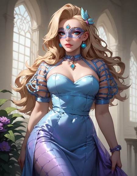 score_9, score_8_up, score_7_up, score_6_up, seraphine \(league of legends\), 1girl, solo,dr3ss, mature female, iridescent dress, mesh puffy short sleeves, masquerade mask, eyeliner, cowboy shot, <lora:YenWitcherTV-ILXL2024-12-15_20-20-27-save-384-48-0:0.9> , ornate hall,