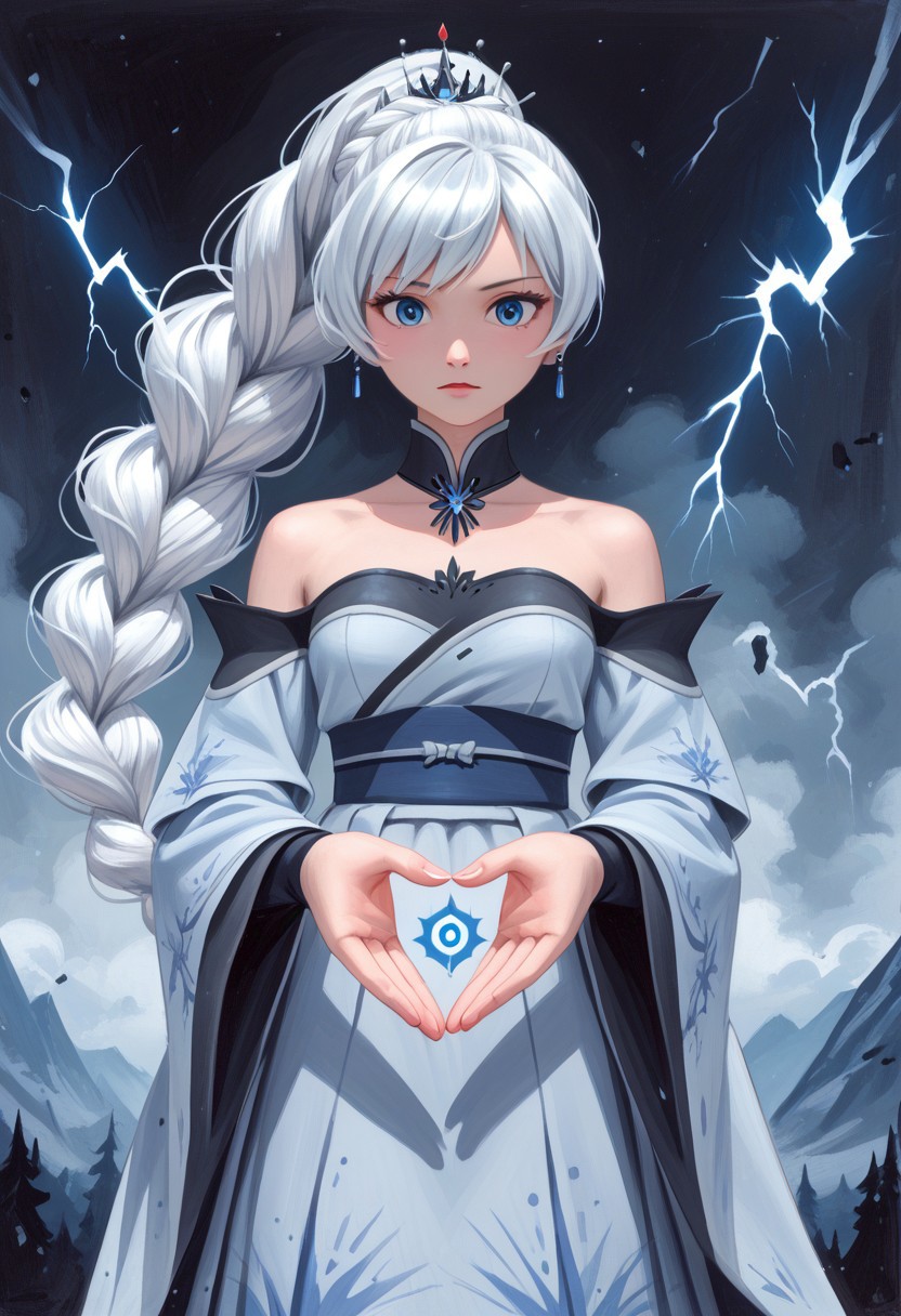 score_9, score_8_up, score_7_up,source_anime,  traditional media, painting (medium), watercolor (medium), high res image, masterpiece, best quality, beautiful eyes, perfect eyes, beautiful hands, perfect hands,
 Weiss Schnee, Weiss Schnee, long hair, ponytail, white hair, blue eyes, small breasts, mature body,  wearing a fancy Japanese kimono, holding a lightning, Jagged Mountains background, black and purple swirling colors in background, realistic lighting 3D, anime, art by michellekuku
